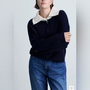 Mango Navy Blue and White Crew Neck Sweater